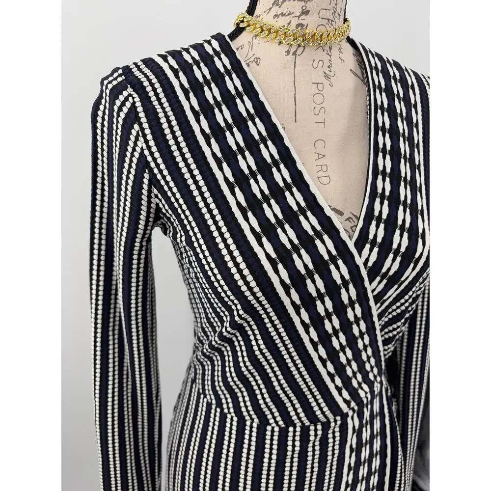 B44 Tory Burch Long Sleeve Jacquard Wrap Dress XS Navy Oxford Stripe Work Career